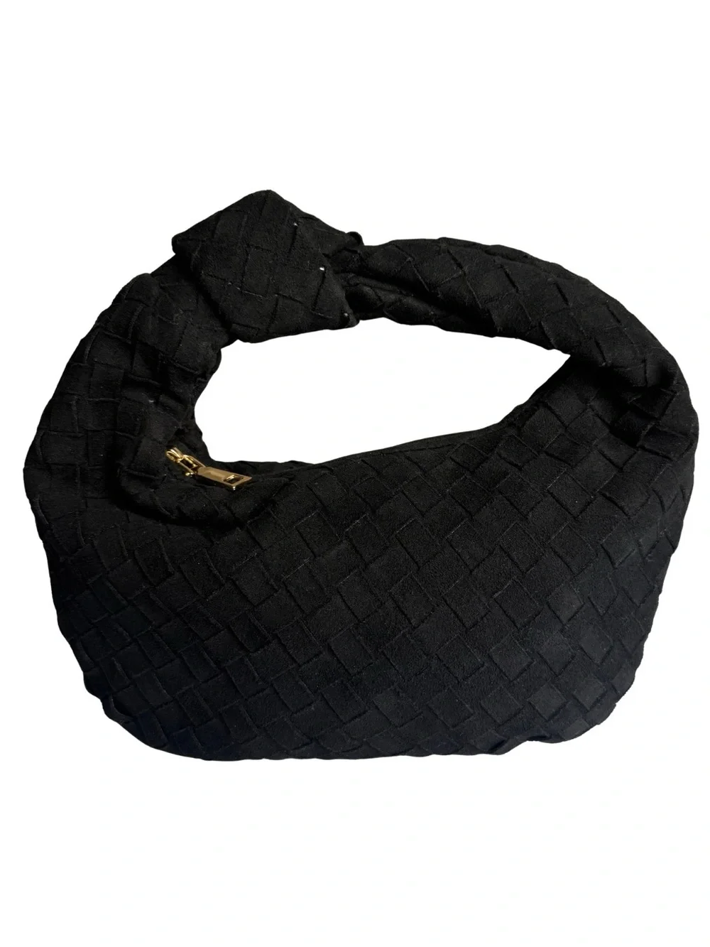 Inspired Bottega Jodie Style Black Woven Faux Suede Gold Zip Handbag